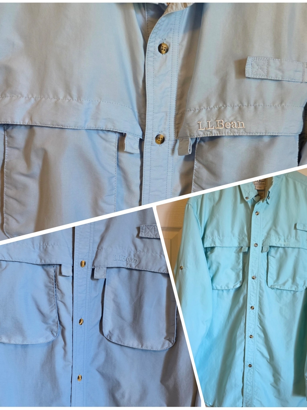 Lot Of 3 L.L.Bean Pale Blue & Green Men's Fishing Shirt
